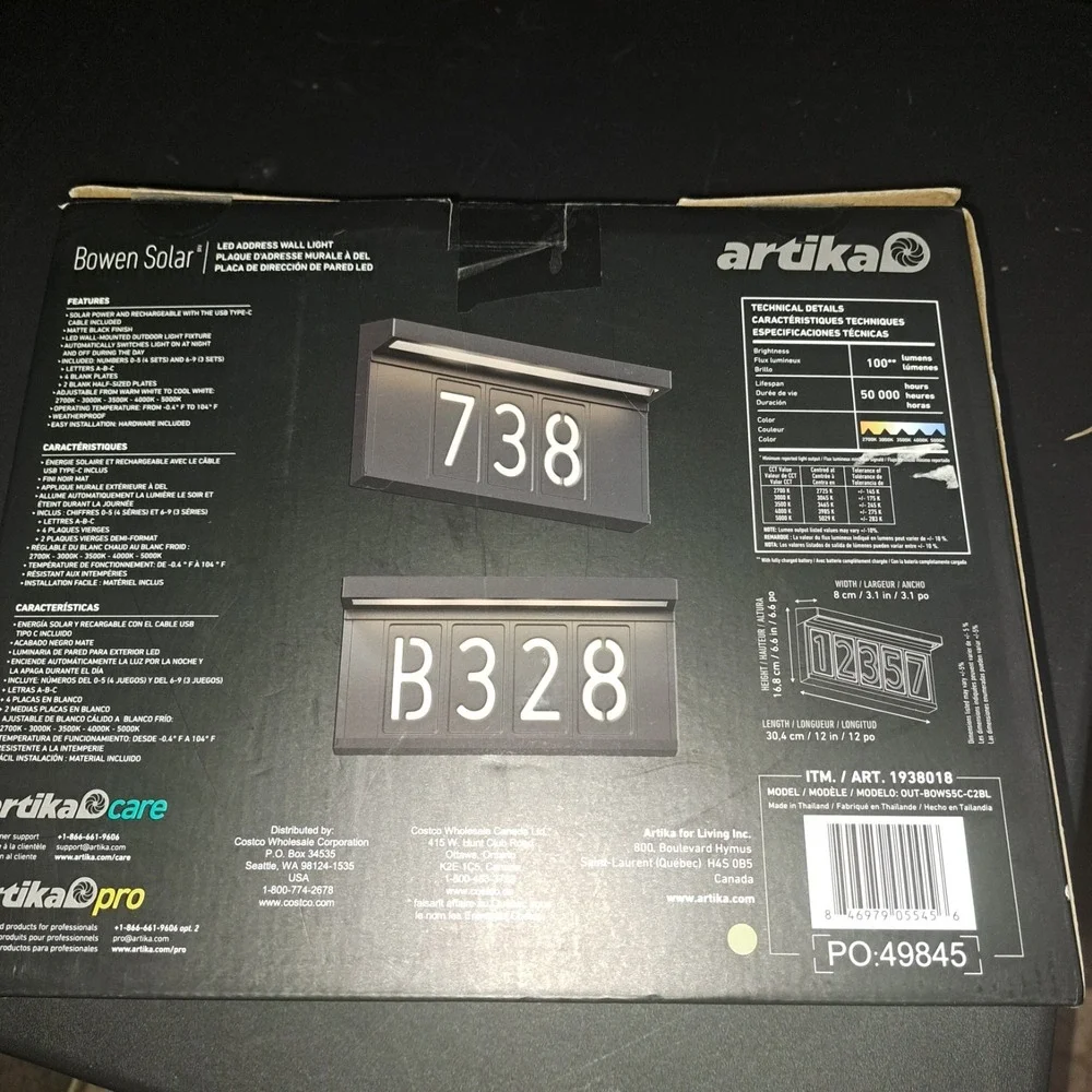Artika Bowen Solar LED Address Wall Light Dusk-to-Dawn Black 100 Lumens Fast